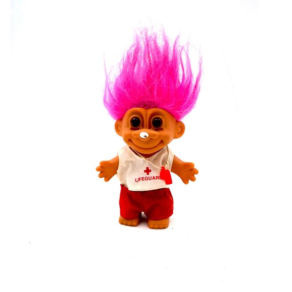 Retro Lifeguard Troll Doll Pink Hair Red Shorts Classic Toy Collectible - Picture 2 of 11